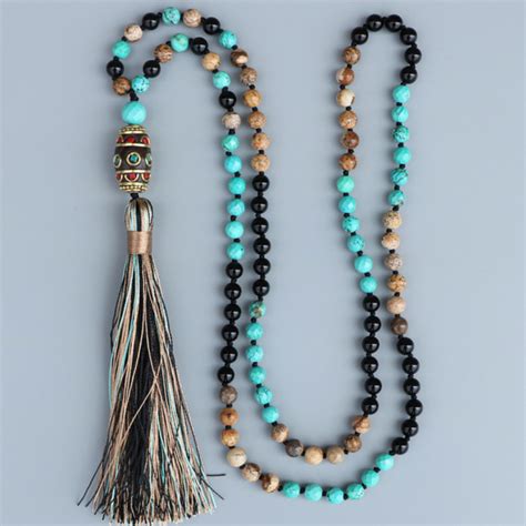 Long Boho Mala Gemstone Beaded Turquoise Onyx Tassel Necklace