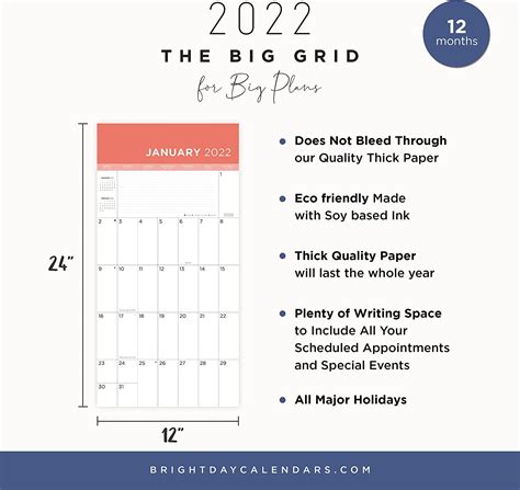 2022 Big Grids For Big Plans Wall Calendar By Bright Day 16 Month 12 X