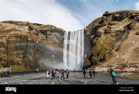 Skógafoss Waterfall Tourists Skogar Southern Region Iceland Stock