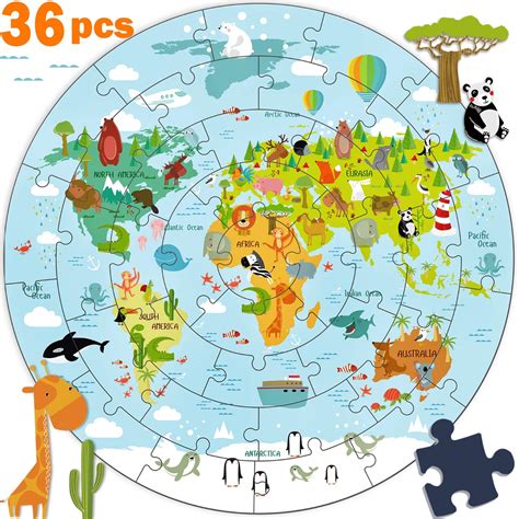 Kids Wooden World Map Jigsaw Puzzle Toy Jumbo Floor Puzzle W