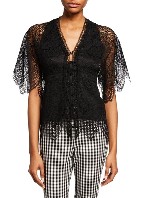 Elie Tahari Scheana Button Front Short Sleeve Scallop Lace Blouse