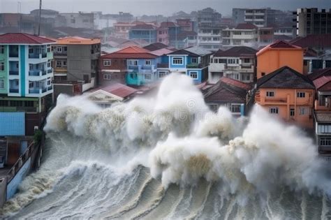 Tsunami Wave Crashes Into Coastal City Flooding Streets And Destroying