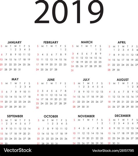 Calendar 2019 Royalty Free Vector Image Vectorstock