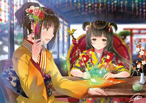 2girls Black Eyes Black Hair Blush Drink Flowers Hanekoto Japanese Clothes Kimono Long Hair