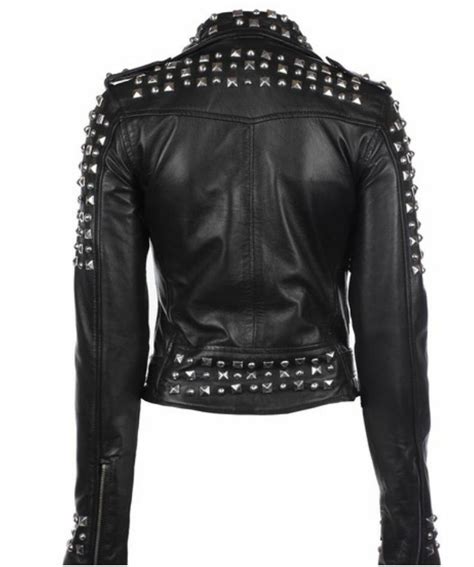 Womens New Black Real Leather Studded Biker Jacket With Hand Fixed