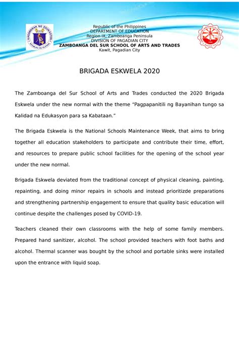 Brigada Eskwela Narrative Report DEPARTMENT OF EDUCATIONRepublic Of The Philippines