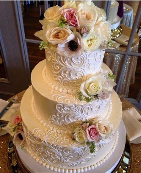 Classic Elegant Scrolling 3 Tier Buttercream Wedding Cake With Fresh