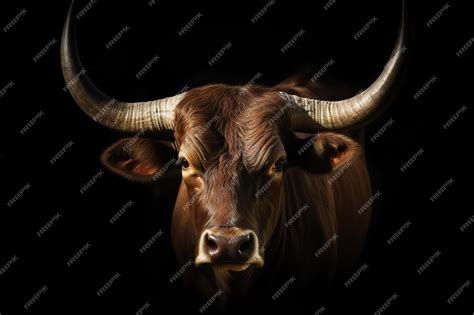 Premium Ai Image Bull With Huge Horns Portrait On Black Background