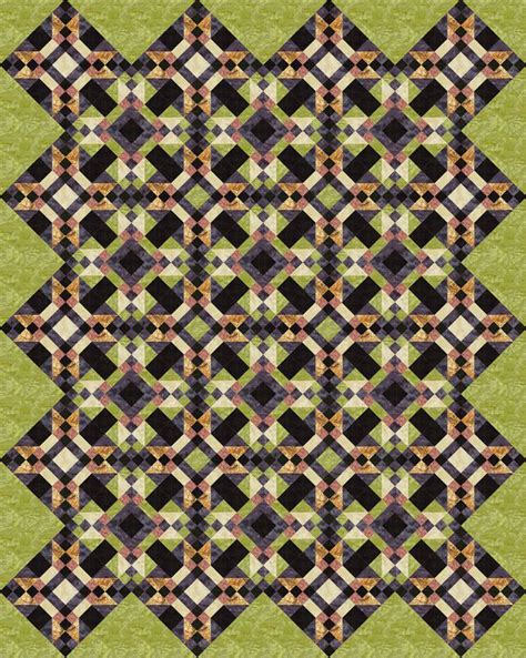 A Green And Black Quilt With Squares On It