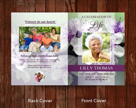8 Page Funeral Program Template 11 X 17 Inches Purple Blossom
