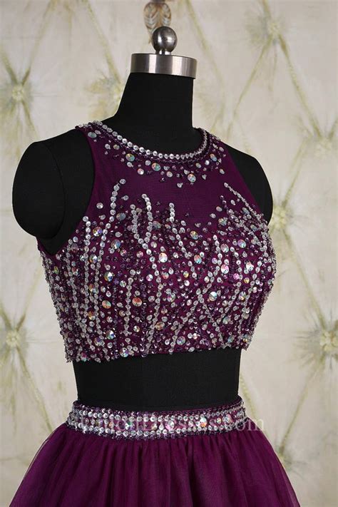 Stunning Keyhole Back Two Piece Short Purple Tulle Beaded Prom Dress