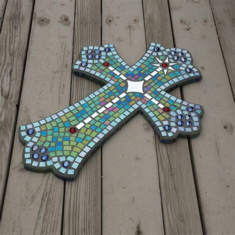 Hand Made Large Mosaic Cross With Iridescent Stained Glass Mosaic