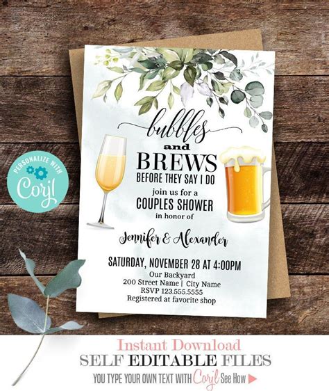 Bubbles And Brews Before They Say I Do Invitation Watercolor Greenery