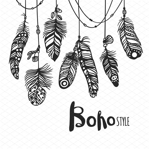 Boho Feather Hand Drawn Vector How To Draw Hands Boho Drawing