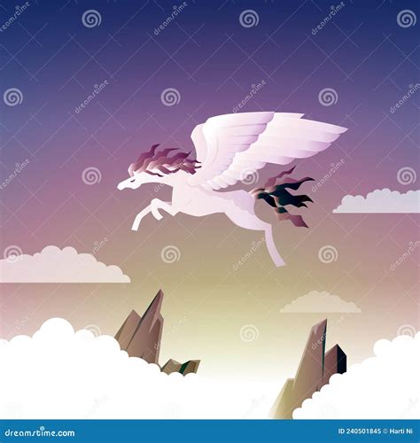 Beautiful Pegasus Winged Horse Fly Over Mountain Sky Epic Illustration