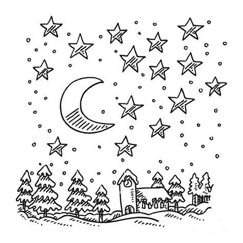 Stars Moon Winter Night Landscape Drawing Drawing By Frank Ramspott