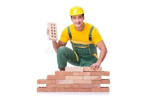 The The Handsome Construction Worker Building Brick Wall Stock Image