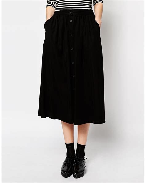 Monki Button Midi Skirt In Black Lyst