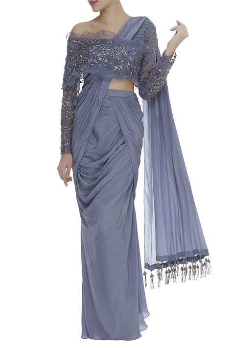 Buy Pre Draped Sari With Embellished Blouse By Dandn By Dheeru And Nitika