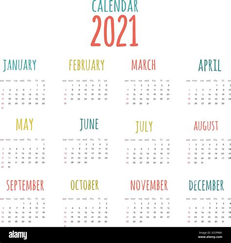 Calendario Vector 2021 En Estilo Moderno De Colores Imagen Vector De