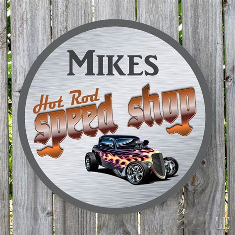 Personalized Hot Rod Speed Shop Round Metal Garage Sign Metal Garages