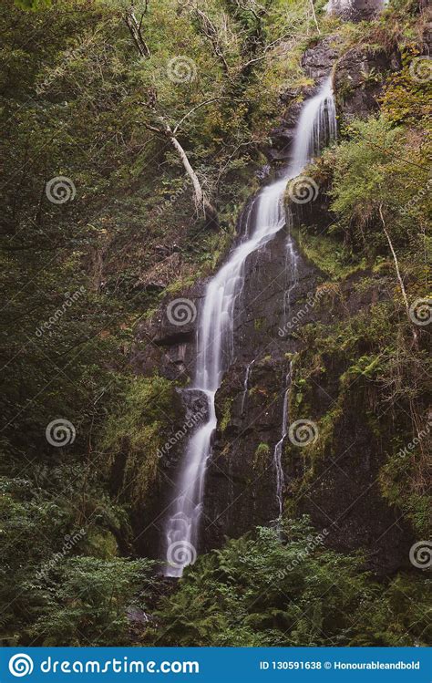 Beautiful Tall Waterfall Flowing Over Lush Green Landscape Foliage In