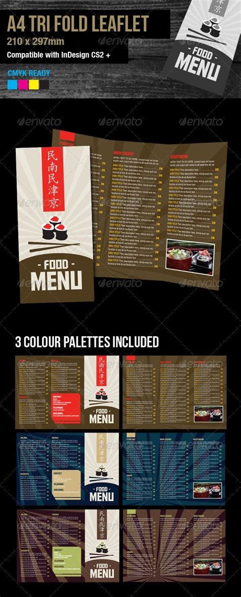 No info on opening hours. A4 tri fold food menu, 3 color versions #AD #fold, #AFF, # ...