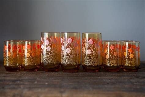 Vintage 70s Amber Drinking Glasses With Orange And Yellow Etsy Yellow Flowers Vintage 70s