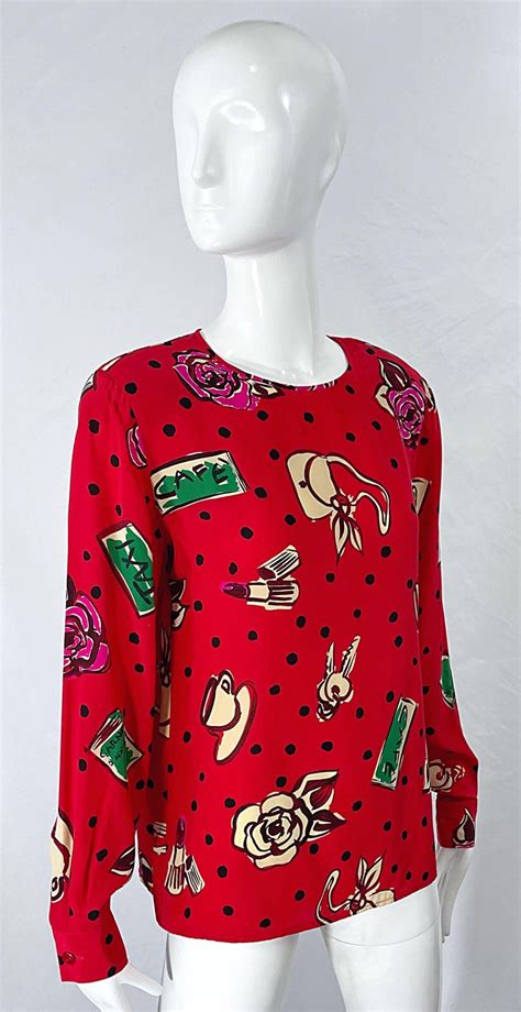 Emanuel Ungaro 1990s Size 10 Red Novelty Print Silk Vintage 90s Blouse