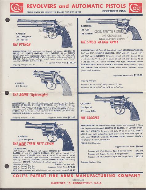 Colt Revolvers And Automatic Pistols Retail Price List Folder 12 1956