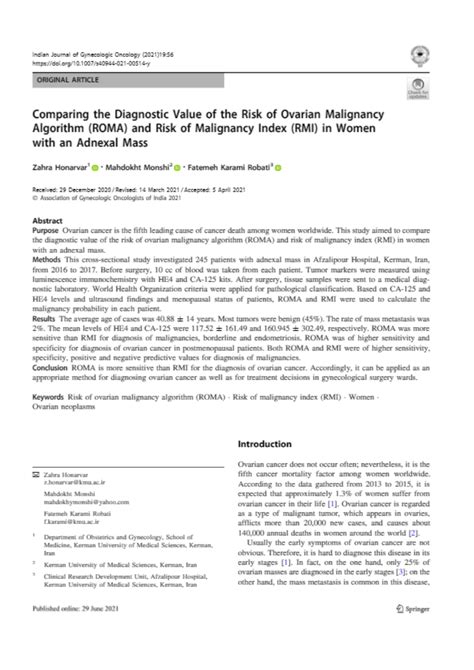 Pdf Comparing The Diagnostic Value Of The Risk Of Ovarian Malignancy