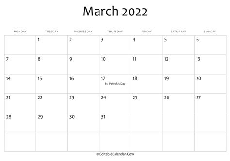 March 2022 Printable Calendar With Holidays
