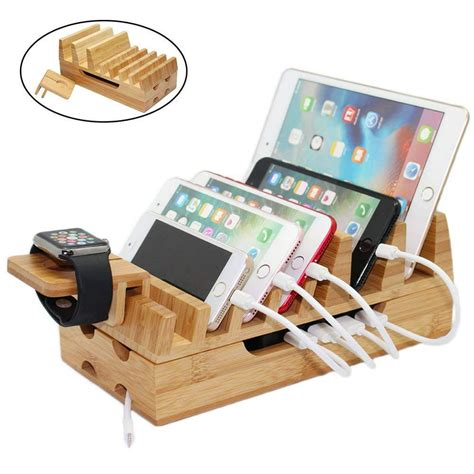 Bamboo Wood Charging Station Docking Stations Organizer Stand For