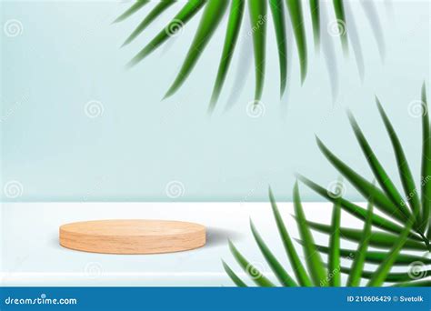 Wooden Podium With Palm Leaves And Shadows Realistic Wood Platform For