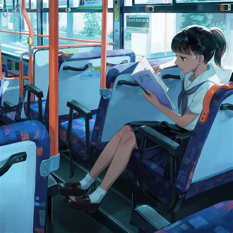 2048x2048 Anime School Girl Bus Reading Book 5k Ipad Air Hd 4k
