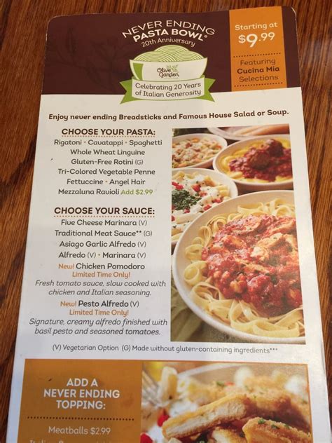 Olive garden italian restaurants has brought back one of its favorite offerings while introducing a few new items to its menu. Never Ending Pasta Bowl Menu - Yelp