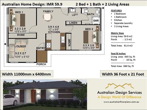 2 Bed House Plan 660 Sq Foot 614 M2 2 Bedroom Small Etsy In 2020