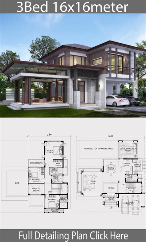 Home Design Plan 16x16m With 3 Bedrooms House Plan Map
