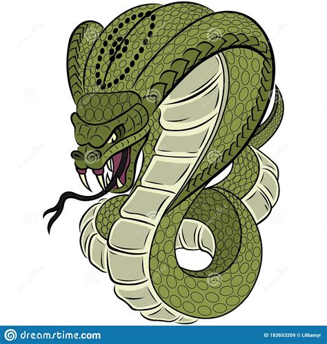 A Green Cobra King Snake Attacks With An Open Hood And Open Mouth