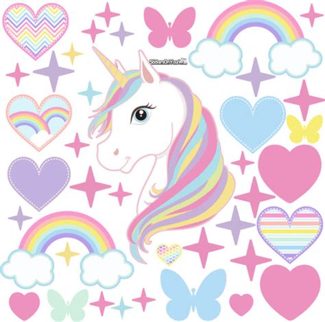 Unicorn Love Hearts Stars Rainbows Clouds Wall Art Stickers Kids