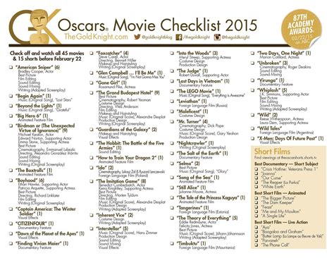 Oscars 2015 Download Our Printable Movie Checklist The Gold Knight