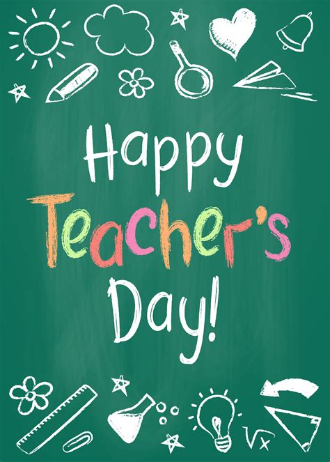 Happy Teachers Day Greeting Card Or Placard On Green Chalk Board In Sketchy Style With Handdrawn