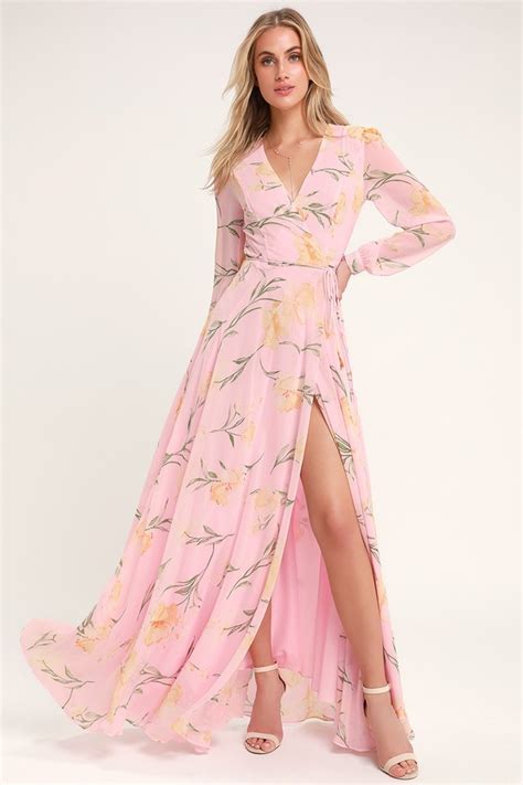glam blush pink dress floral print maxi dress wrap dress lulus