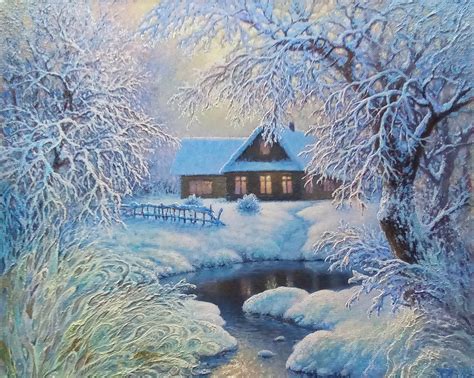 Cozy House Painting Winter Landscape Snow Forest Artwork 20 X Etsy