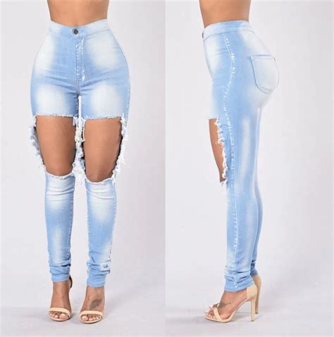 2016 New Autumn Women Fashion Jeans Slim Big Holes Ripped Casual Ladies Long Jeans Sexy Skinny