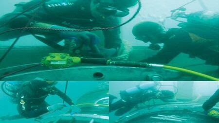 Un site est en feu à une profondeur d'environ 80 mètres. Réparation de pipelines sous-marins avec des équipements ...