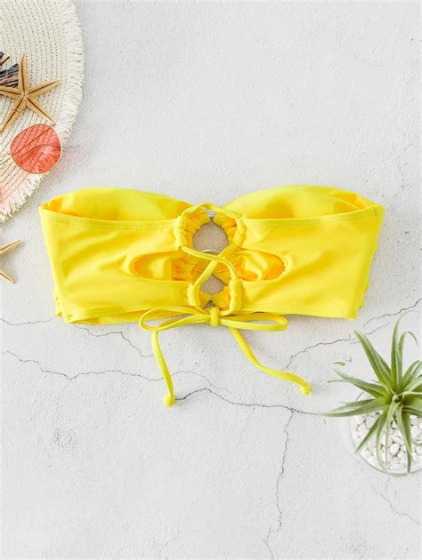Zaful O Ring Lace Up Ruched Bandeau Bikini Top Yellow Affiliate