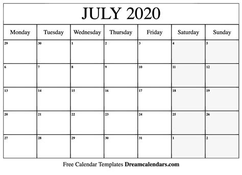 Fillablecalendar Template July 2020 Example Calendar Printable