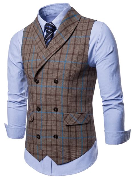 Shawl Collar Back Belt Plaid Waistcoat Men Vest Slim Sleeveless Suit Outerwear Coats Double