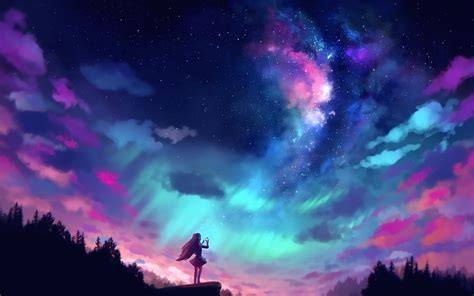 2880x1800 Anime Girl And Colorful Sky Macbook Pro Retina Wallpaper Hd